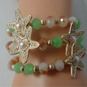 Wrap Bracelet Starfish Green Beige Gold Tone Beads Faux Pearls Three Strands